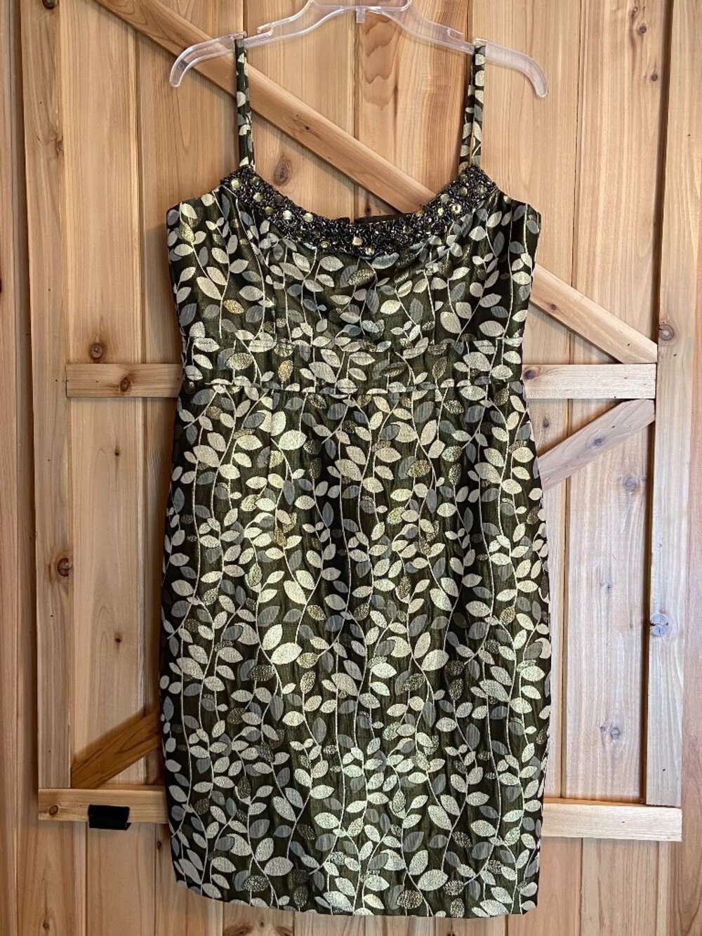 Maggy London Women’s Green & Gold Brocade Cocktail Dress Sleeveless Sz 12